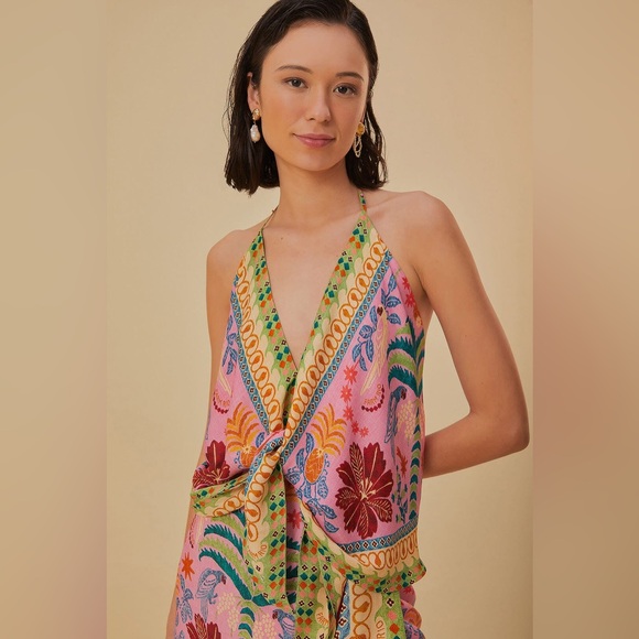 FARM Rio Tops - FARM Rio Pink Multicolor Halter Scarf Tie-Front Blouse NWT